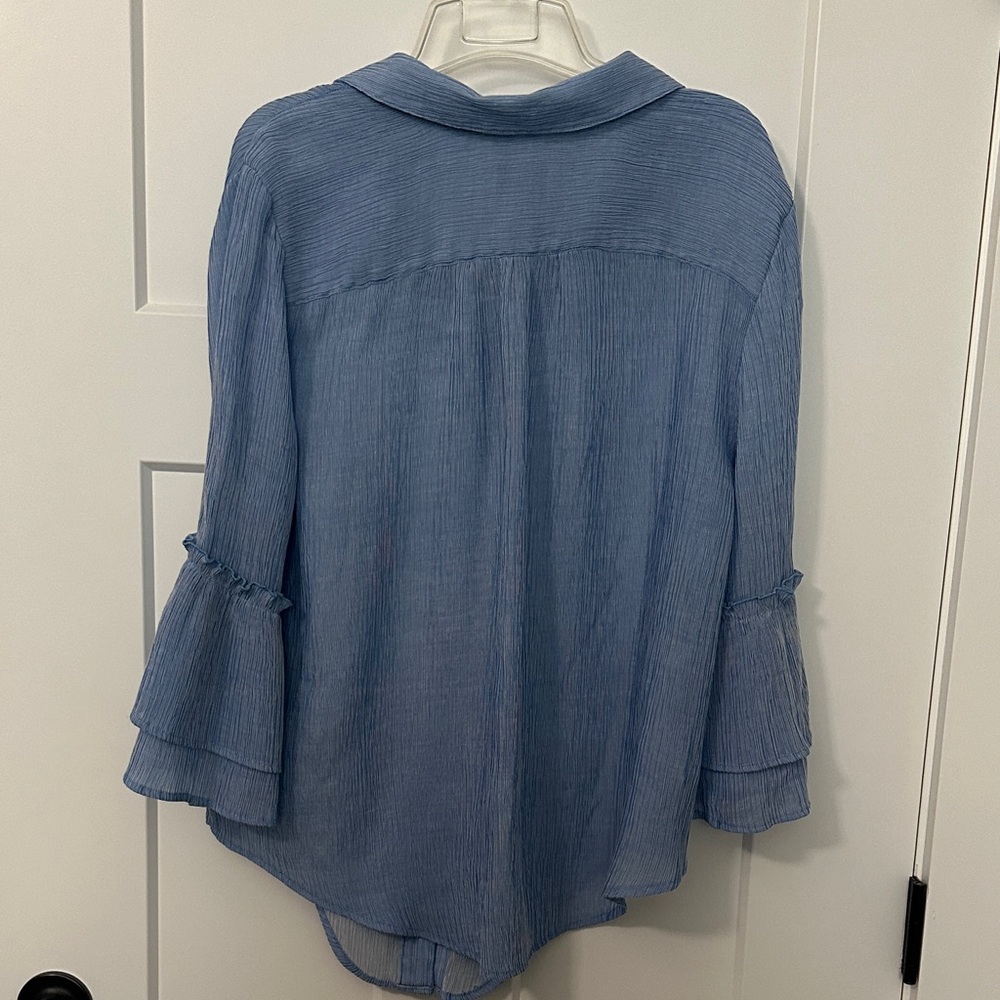 Ruby Rd. Blue Blouse with 3/4 Bell Ruffle Sleeves - Picture 4 of 4